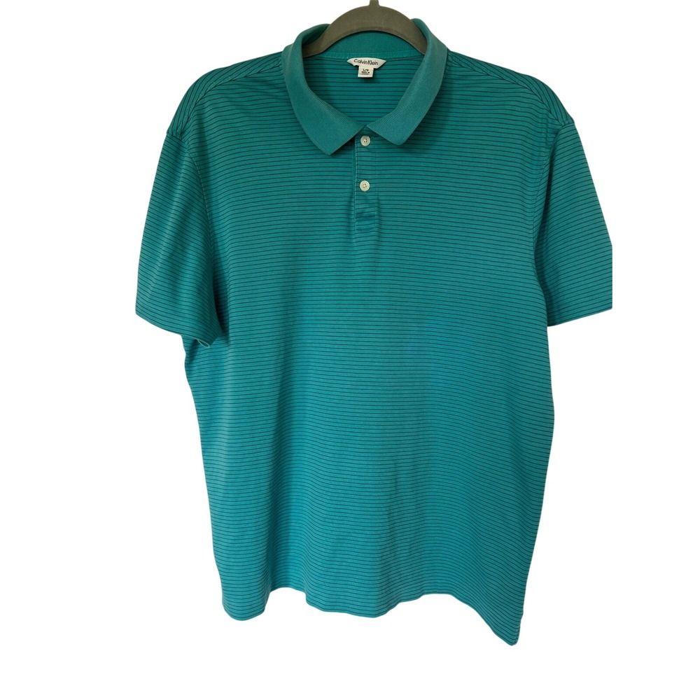 Calvin Klein Mens 90s Preppy Teal Green Striped Short Sleeve Cotton Polo‎ Large - Picture 3 of 7